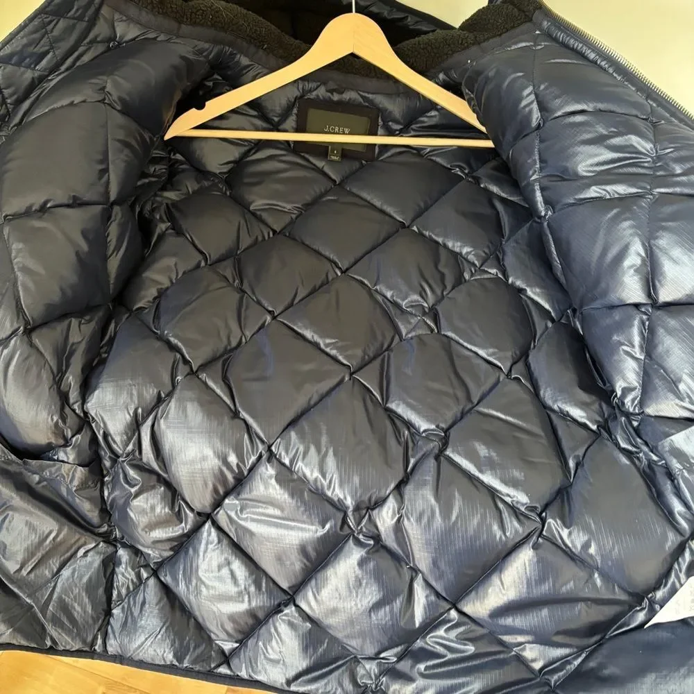 J CREW Burbridge Mixed Media Parka Coat Heavy Quilted Winter Navy Gray Sz S